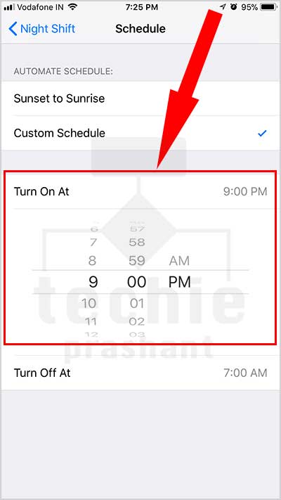 Set Turn On time for Night Shift Mode.
