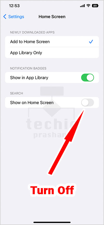 Turn Off Show on Home Screen It will remove home screen search button.