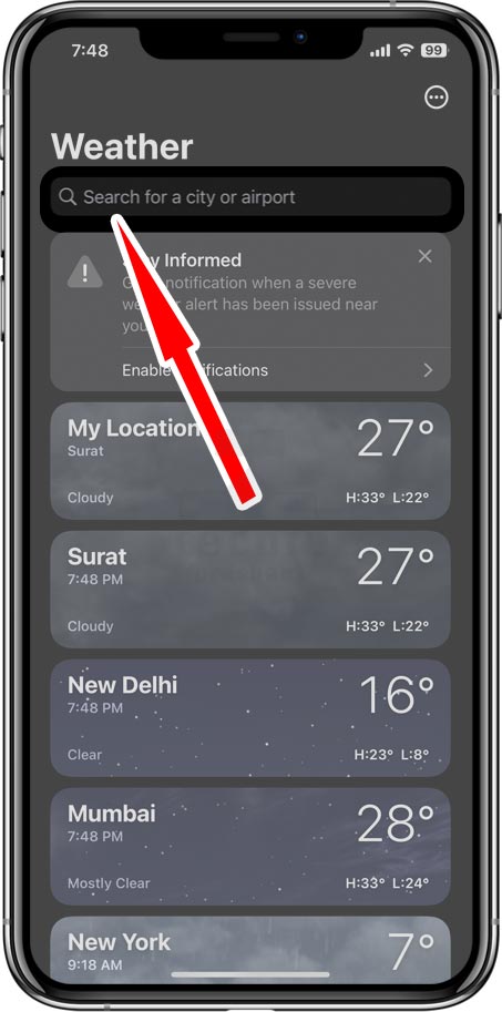 Tap Text Input To Search Location - Check Weather on iPhone