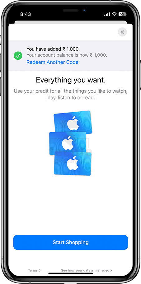 Redeem Apple Gift Card Success Message